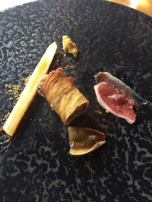 White asparagus, palm sugar and confit pigeon, Manchester House restaurant