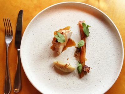 Beer-can chicken, Jerusalem artichoke and vanilla puree, baby salsify, Manchester House restaurant
