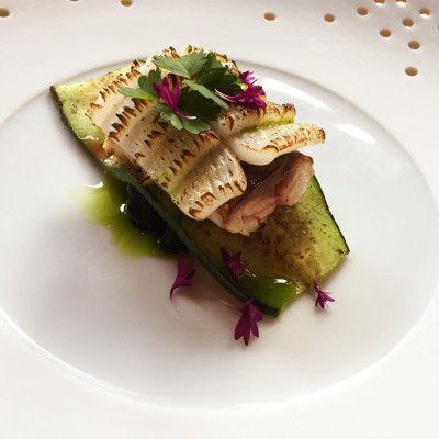 Cured mackerel, grilled squid and squid ink risotto, Manchester House restaurant