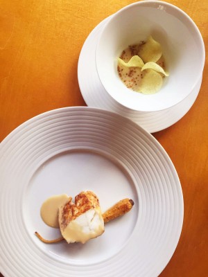 Roast monkfish tail, fermented parsnips, smoked eel and Albufera sauce, Manchester House
