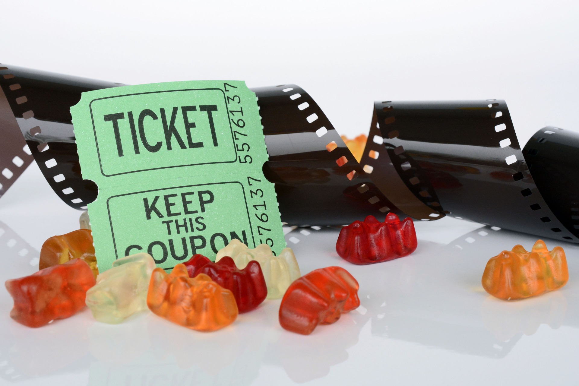 Film roll, ticket and gummy bears