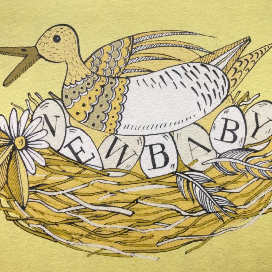 Bird sitting on eggs, which read New Baby