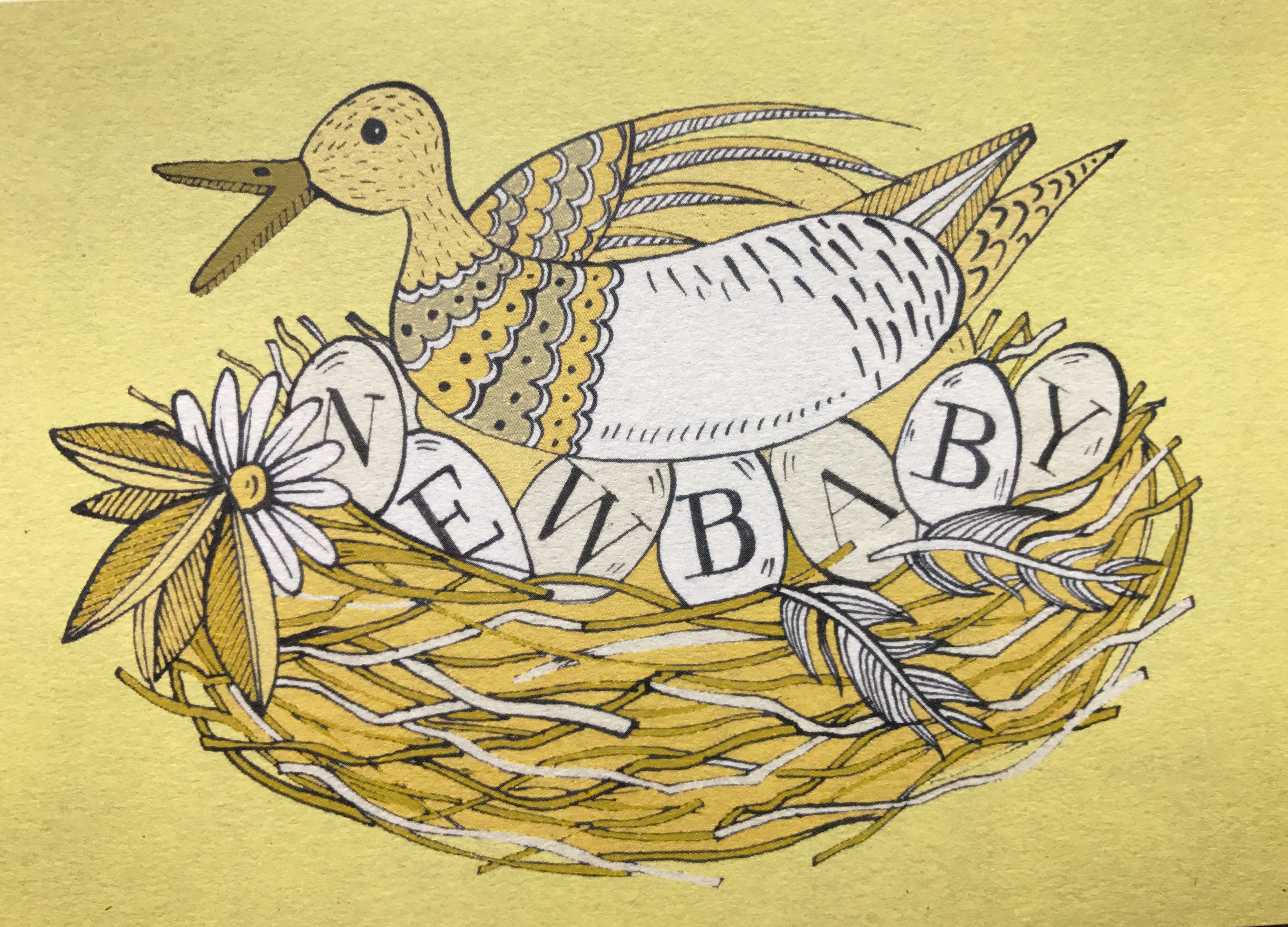 Bird sitting on eggs, which read New Baby