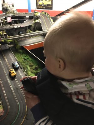 Tall Boy trying out the Scalextric at Stonerig Raceway