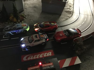 Starting lineup on Scalextric track at Stonerig Raceway