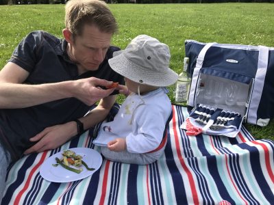 Tall Boy and Tall Dad enjoying a picnic