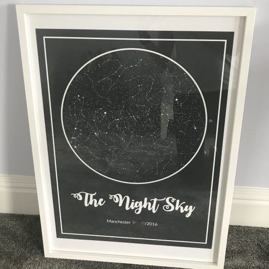 Commemorative star map leaning against a wall