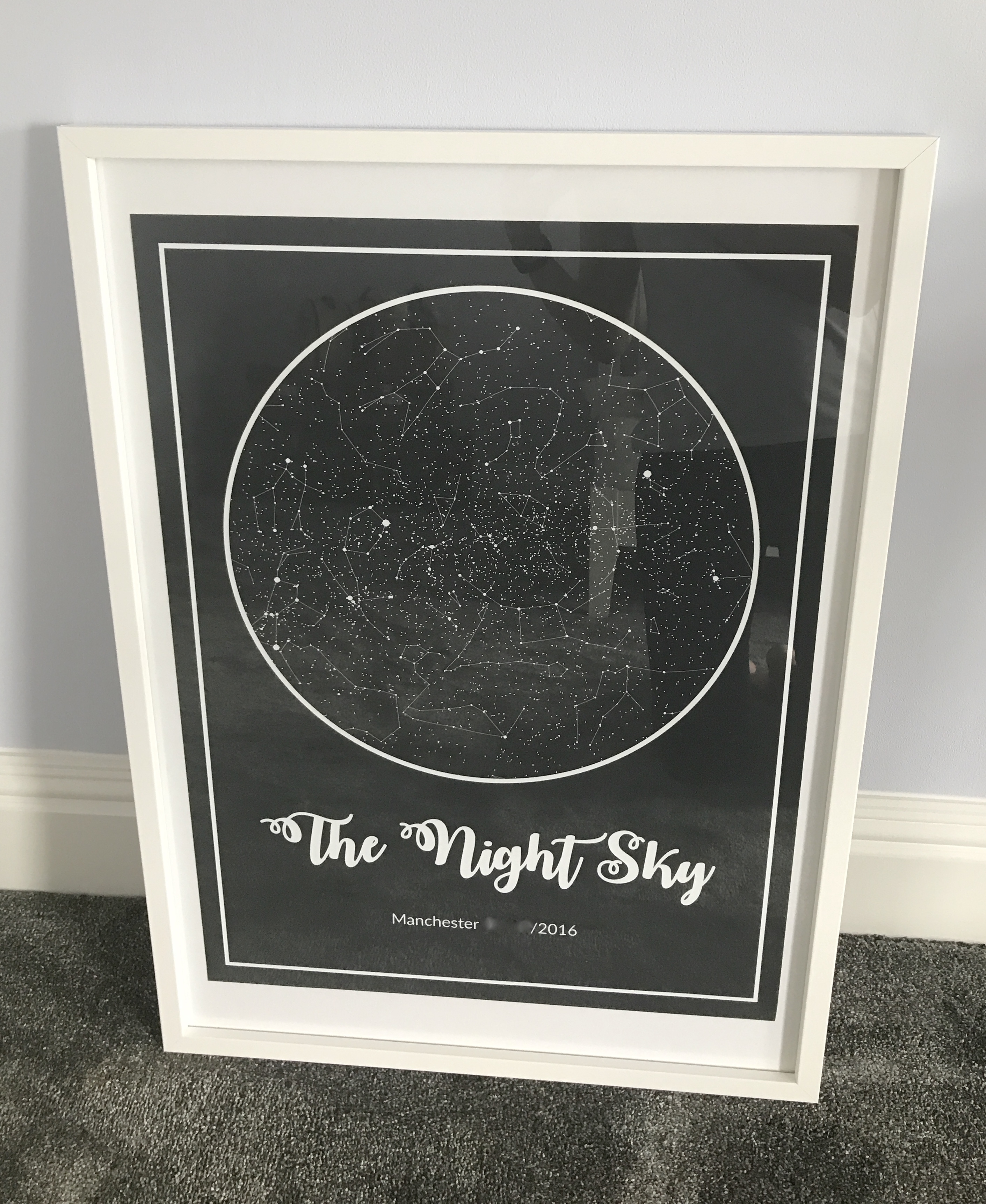 Commemorative star map leaning against a wall