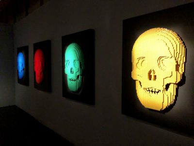 Lego skulls in yellow green red and blue
